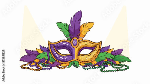 Festive mask adorned with vibrant feathers and beaded necklaces, bathed in soft light