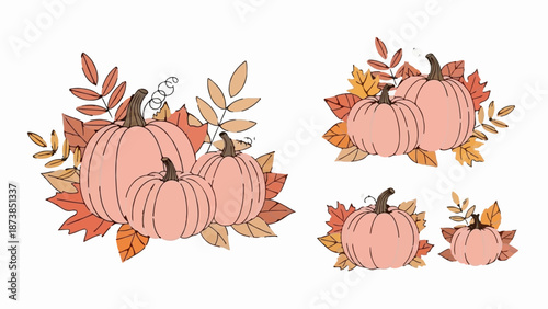 Gentle peach pumpkins nestled with autumn leaves in a whimsical, illustrative style
