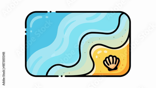 Flat illustration of a tranquil beach scene with gentle waves and a single seashell