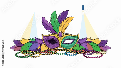 Festive Mardi Gras mask with feathers and colorful beads, illuminated by spotlights