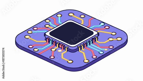 Isometric illustration of a central processing unit on a purple circuit board with colorful pathways
