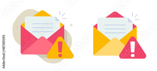 Email message spam warning alert icon, security phishing envelope web letter scam caution notification vector simple flat illustration set, cyber fraud mail threat attention, malware protection