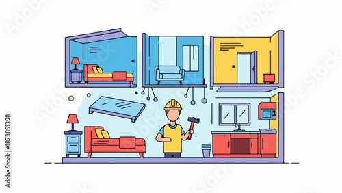 Home renovation a builder works on a multi-room interior with beds, a sofa, and kitchen appliances