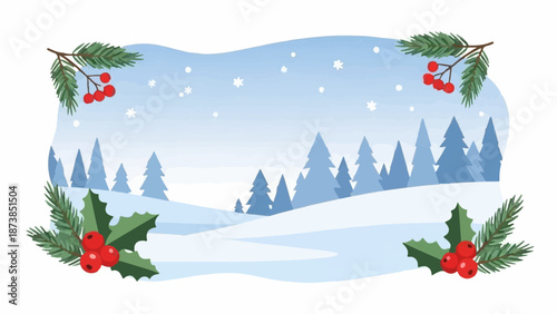 Gentle snowfall adorns a serene winter woodland scene with festive holly accents