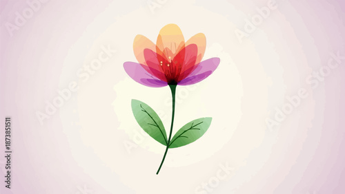 Gentle watercolor flower with translucent petals and green leaves