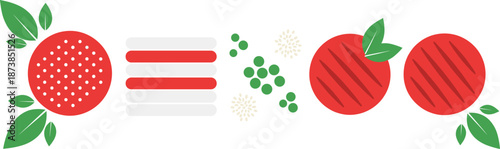 Fresh tomato slices with leaves, spices, and seasoning elements in colorful minimalist food ingredient vector illustration design