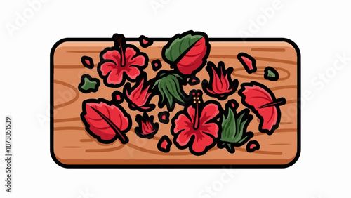Flat illustration of red hibiscus flowers and green leaves scattered on a wooden board