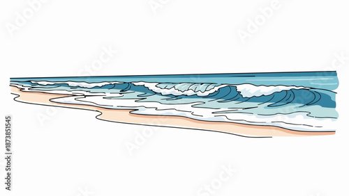 Gentle waves roll onto a sandy shore under a clear sky, creating white foam