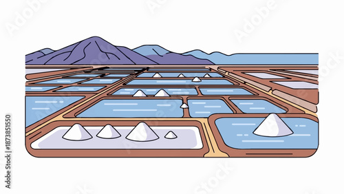 Flat illustration of salt evaporation ponds with distant mountains and piles of salt