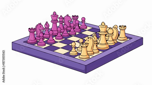 Isometric purple and yellow chess set on board