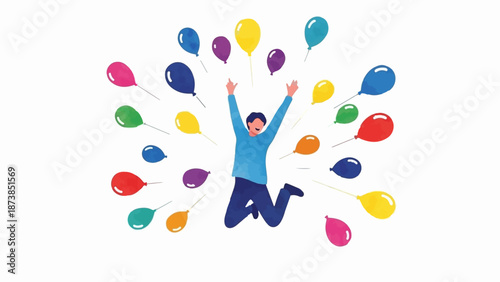 Man jumping with joy surrounded by colorful balloons