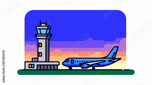 Flat style illustration of an airport control tower and a blue airplane at dusk