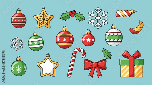 Festive holiday ornaments, stars, candy cane, holly, bow, and gift box on blue