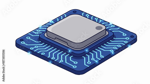 Isometric view of a central processing unit with illuminated circuits