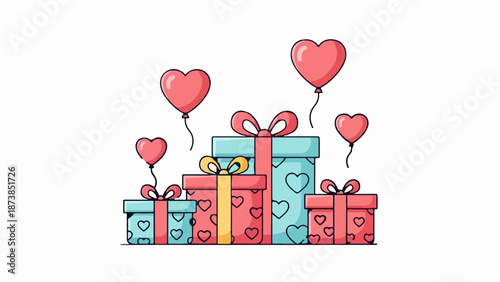 Festive heart balloons float above a charming collection of wrapped gift boxes with heart patterns