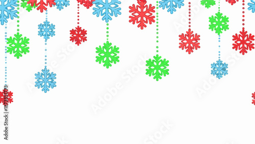 Festive hanging snowflakes in red, green, and blue against a white backdrop