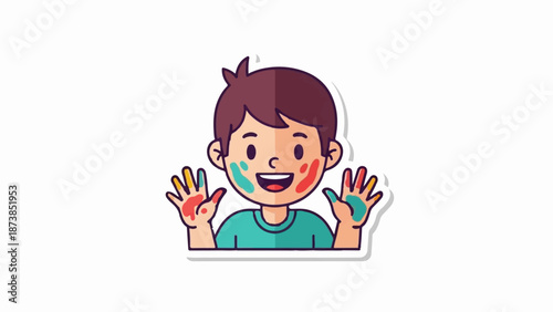 Joyful cartoon boy with colorful paint on hands and face, celebrating