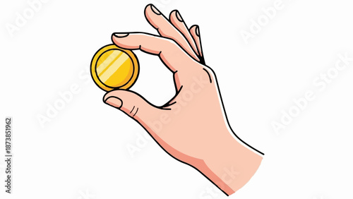 Hand holding a single gold coin, presented with a minimalist, clean aesthetic