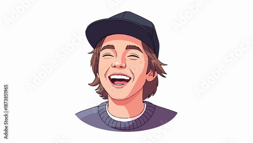 Joyful cartoon portrait of a young person in a baseball cap and sweater
