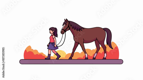 Girl leads a brown horse on a path with colorful clouds