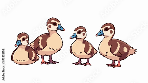 Four charming, brown and white ducklings stand together in a charming illustration