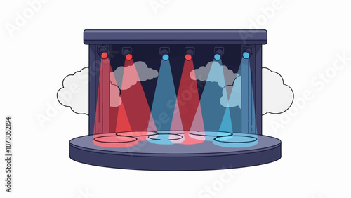 Illuminated stage with colorful spotlights and wisps of smoke