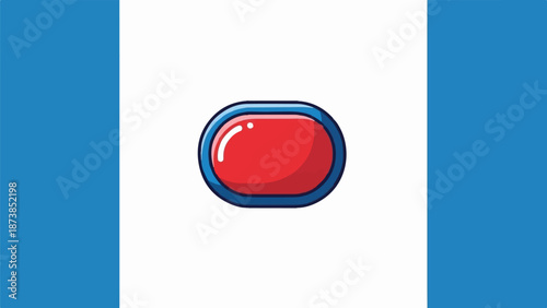 Glossy red oval button on a white background with blue borders