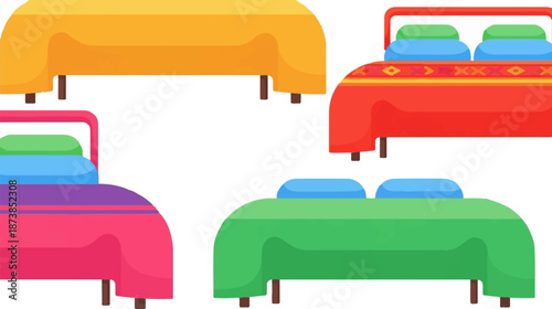 Four colorful cartoon beds with pillows and blankets arranged on white background