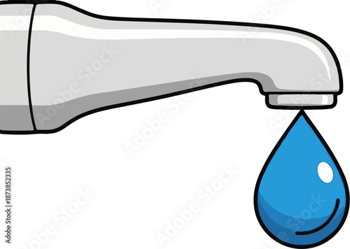 Metallic tap drips a single blue water drop with a smile