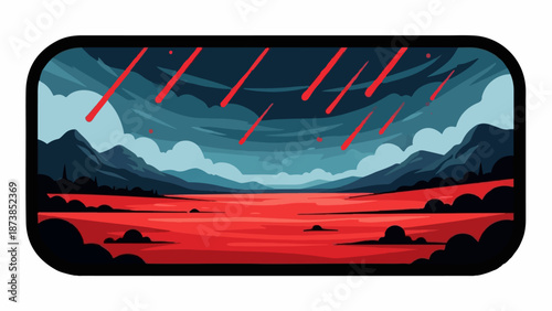 Meteor shower over a fiery, alien landscape with dark mountains and sky