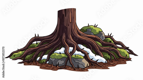 Gnarly tree roots spread across mossy, rocky terrain dotted with patches of snow