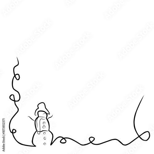 Minimal continuous line border illustration with a snowman, ideal for Christmas cards, winter greetings, invitations, festive posters, and holiday designs.