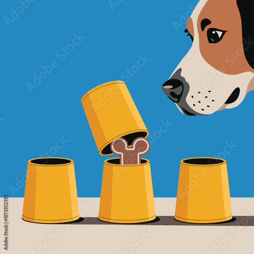 Smart dog watches three yellow cups as a bone is hidden underneath, testing its memory and intelligence in a fun shell game challenge.