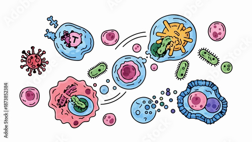 Microscopic view of immune cells and pathogens, cartoon style, depicting an immune response