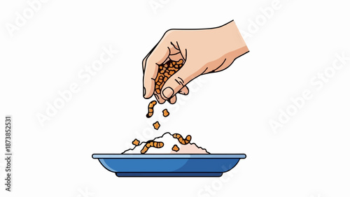 Hand sprinkling grains onto a pile in a blue dish