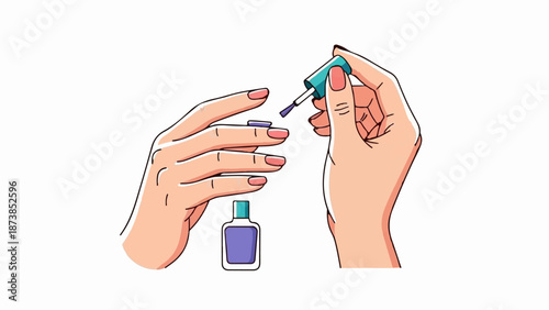 Hands applying purple nail polish with bottle and brush on white background