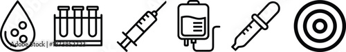 Medical testing icons featuring blood drop, test tubes, syringe, IV bag, dropper, and target symbol in clean outline vector style