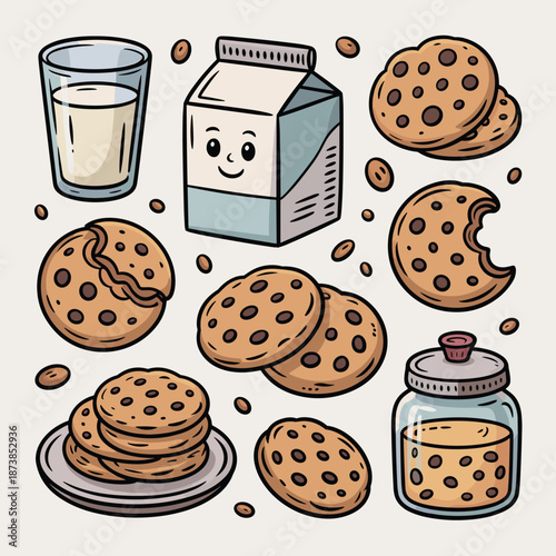 Delicious snack time illustration featuring chocolate chip cookies, a glass of fresh milk, and a friendly milk carton on a light background.