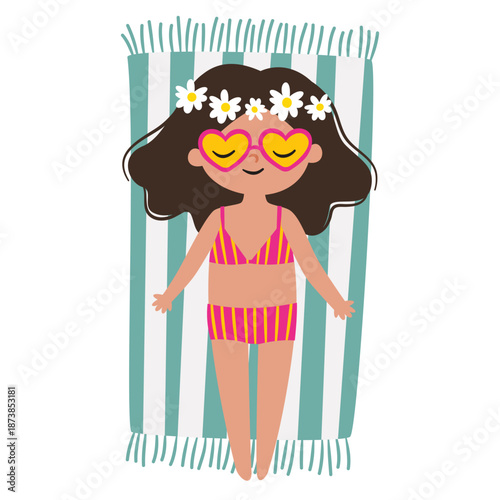 A cute girl wearing sunglasses is lying on a towel and sunbathing. Flat vector illustration in a simple children's style. . Vector illustration