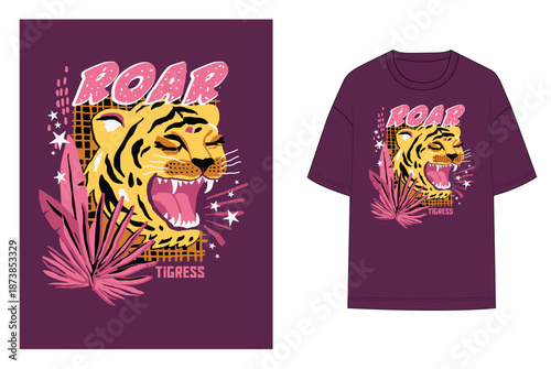 Roaring tiger head vector illustration. Cool t-shirt print design with typography. Pop art wild animal graphic.
