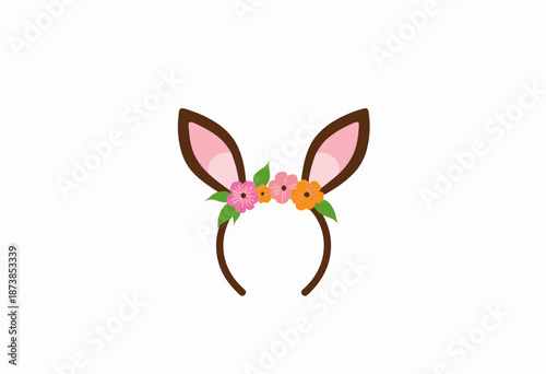Illustration of a whimsical headband featuring large bunny ears adorned with colorful flowers and green leaves, set against a simple white background