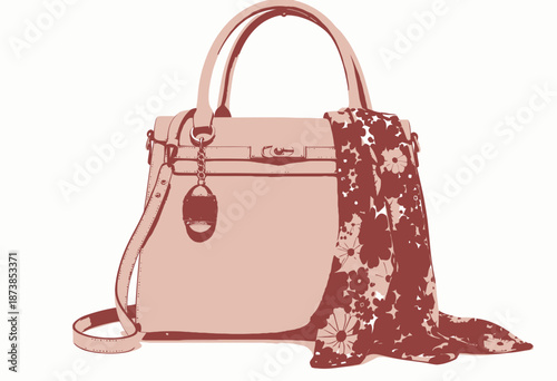 Elegant Pastel Pink Handbag with Floral Scarf and Artistic Egg-Shaped Pendant for Fashionable Accessory Appeal