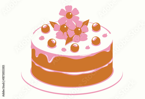 A beautifully decorated two-tiered cake with flower and cherry accents, perfect for celebrating special occasions with its intricate design and appetizing appearance