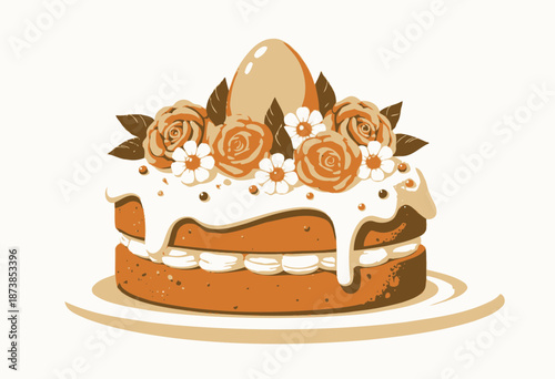 Elegant Layered Sponge Cake with Colorful Floral Decoration and Marzipan Egg on Creamy Icing for Festive Celebration