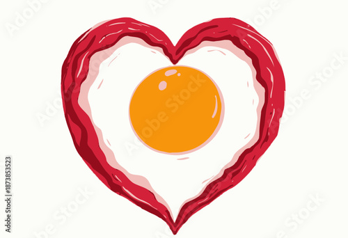 Artistic illustration of a heart-shaped fried egg with a vibrant yolk, surrounded by a painted, textured red outline, symbolizing love and culinary creativity