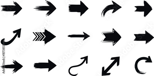 Collection of Various Black Arrows Pointing in Different Directions on a White Background