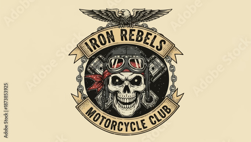 Skull emblem with motorcycle club name and wings.
