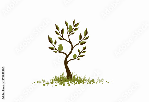 Vibrant springtime illustration featuring a whimsical tree with colorful Easter eggs hanging amidst lush green leaves over a bed of blooming flowers