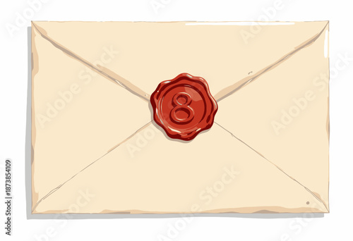 Vintage Aged Paper Envelope Sealed with Red Wax Featuring Number Symbol Classic Letter Sealing Custom Stamp