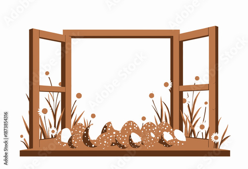 Colorful polka-dotted Easter eggs arranged on a wooden windowsill with an open window surrounded by blooming daisies and fresh green grass on a bright spring day